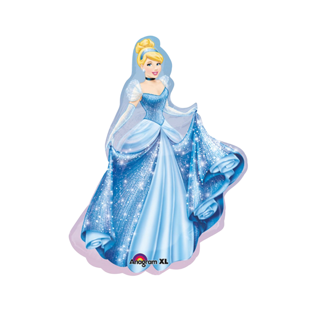 Light blue Cinderella princess foil balloon shaped like a sparkling gown birthday theme from Parte Haus party supply store in Bethesda Maryland.