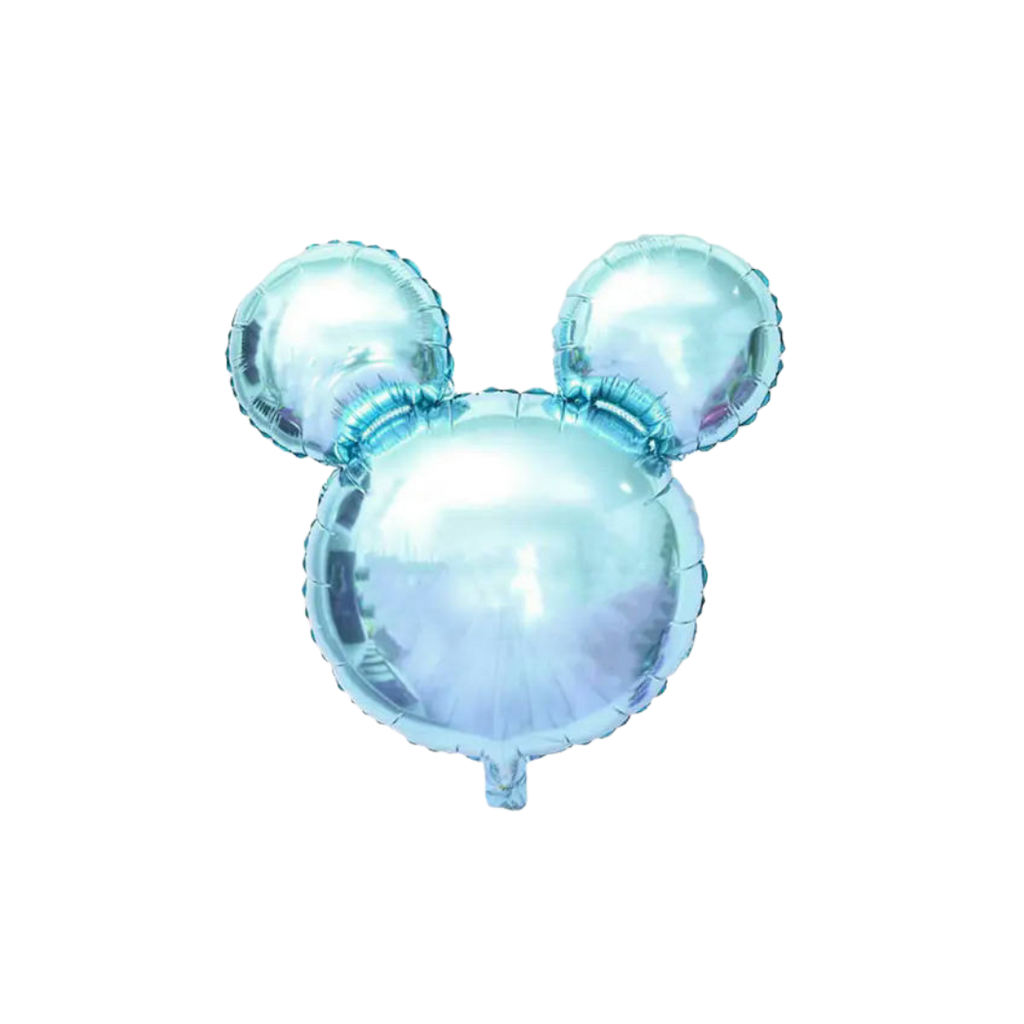 Light blue foil balloon shaped like a mouse head birthday decoration from Parte Haus party supply store in Bethesda Maryland