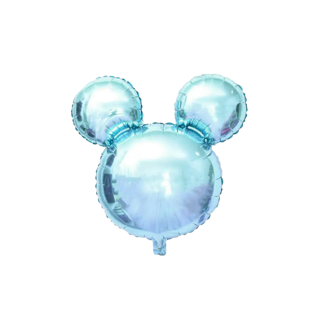 Light blue foil balloon shaped like a mouse head birthday decoration from Parte Haus party supply store in Bethesda Maryland