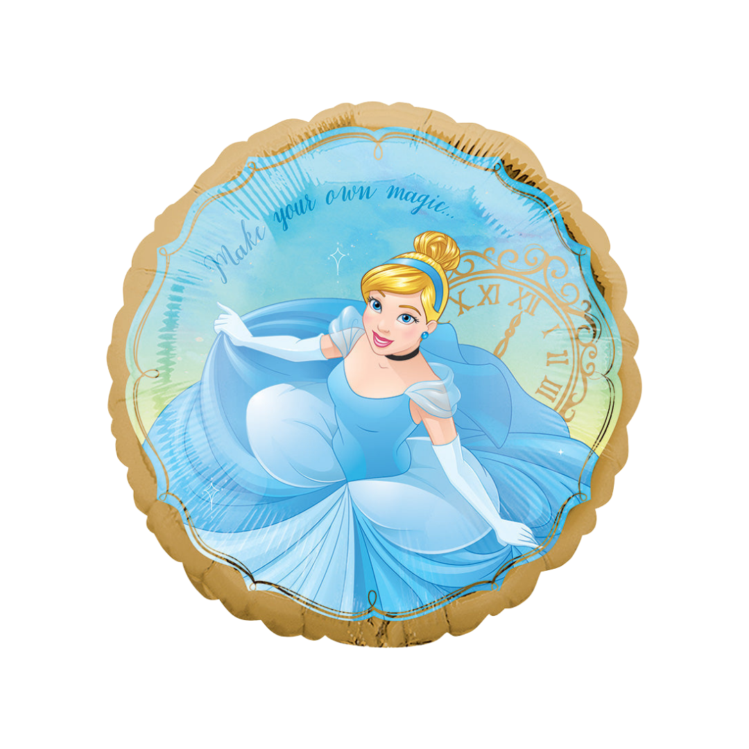 Light blue gold Cinderella princess foil balloon with clock and script for birthday from Parte Haus party supply store in Bethesda MD