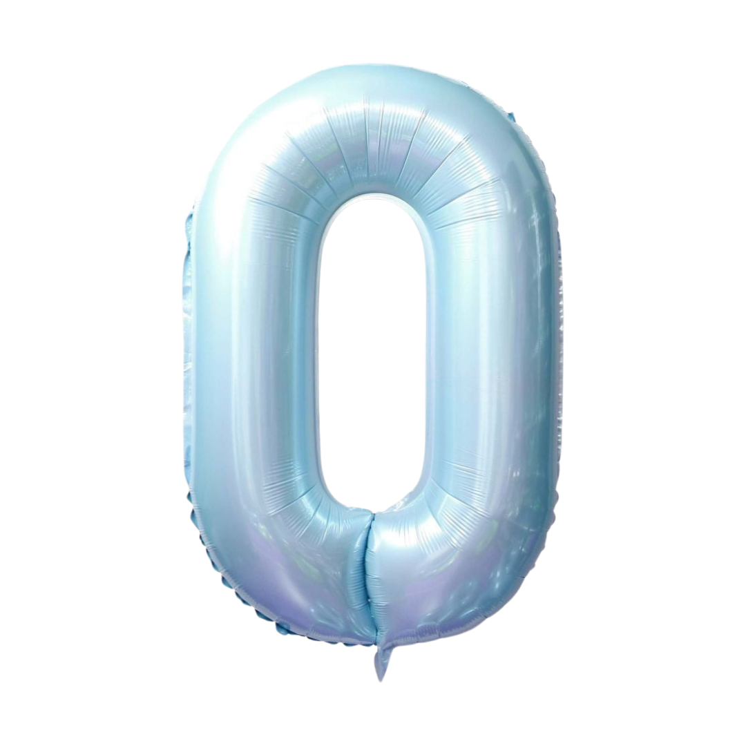 Light blue 34in number 0 foil balloon for birthday parties from Parte Haus party supply store in Bethesda, Maryland.