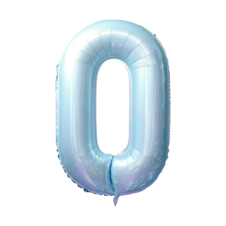 Light blue 34in number 0 foil balloon for birthday parties from Parte Haus party supply store in Bethesda, Maryland.