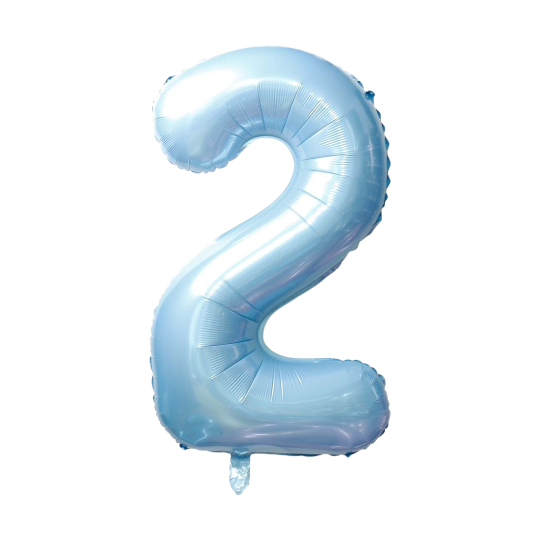Light blue 34in number 2 foil balloon for birthday parties from Parte Haus party supply store in Bethesda, Maryland.