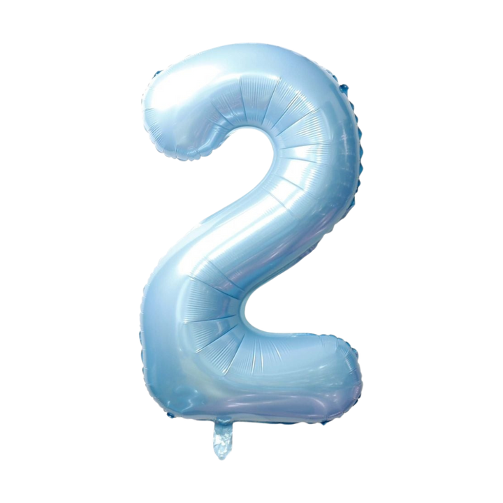 Light blue 34in number 2 foil balloon for birthday parties from Parte Haus party supply store in Bethesda, Maryland.