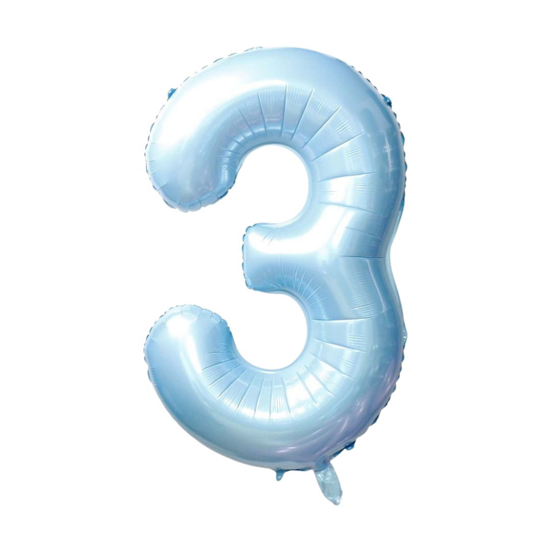 Light blue 34in number 3 foil balloon for birthday parties from Parte Haus party supply store in Bethesda, Maryland.