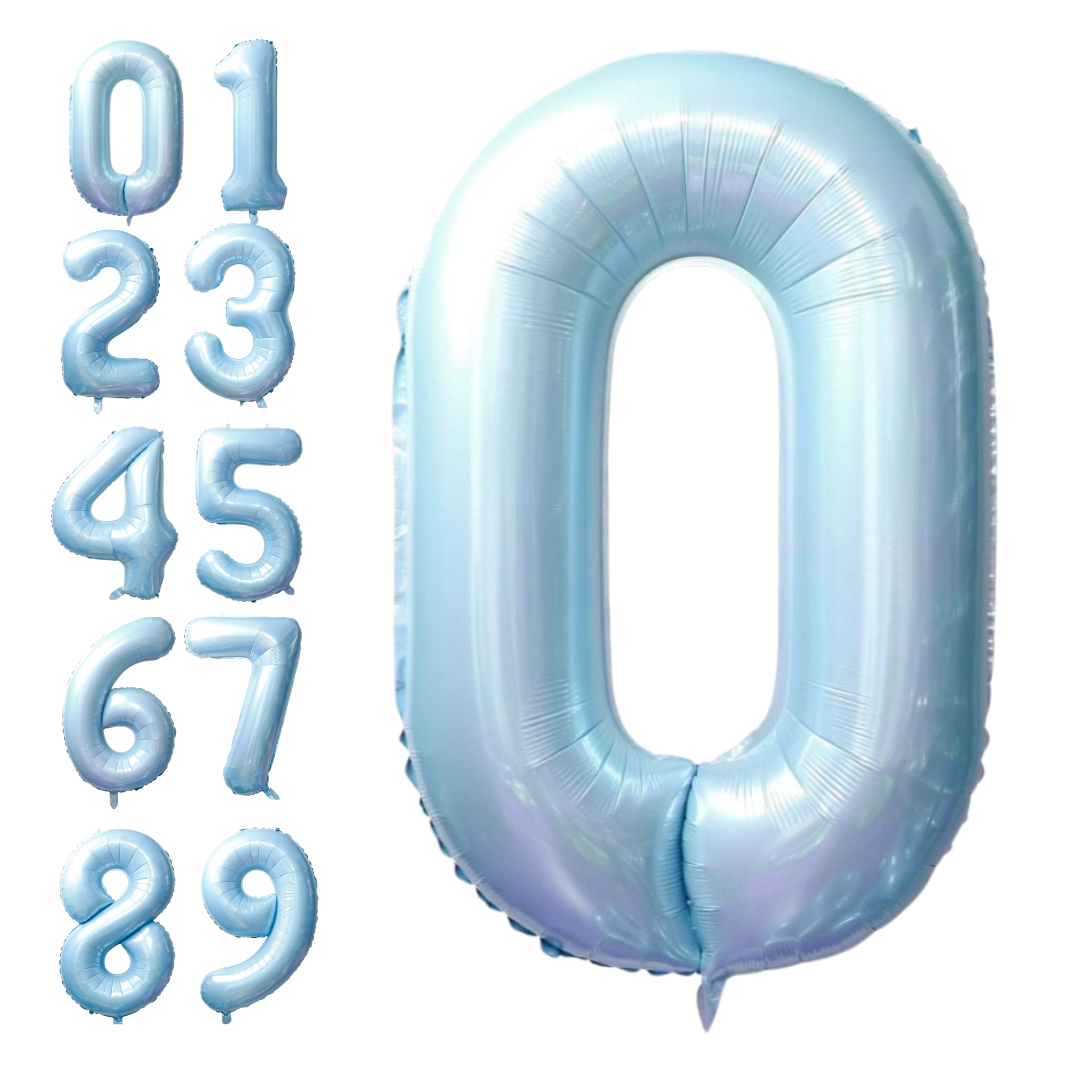 Light blue 34in number foil balloon for birthday parties – from Parte Haus party supply store in Bethesda, Maryland.