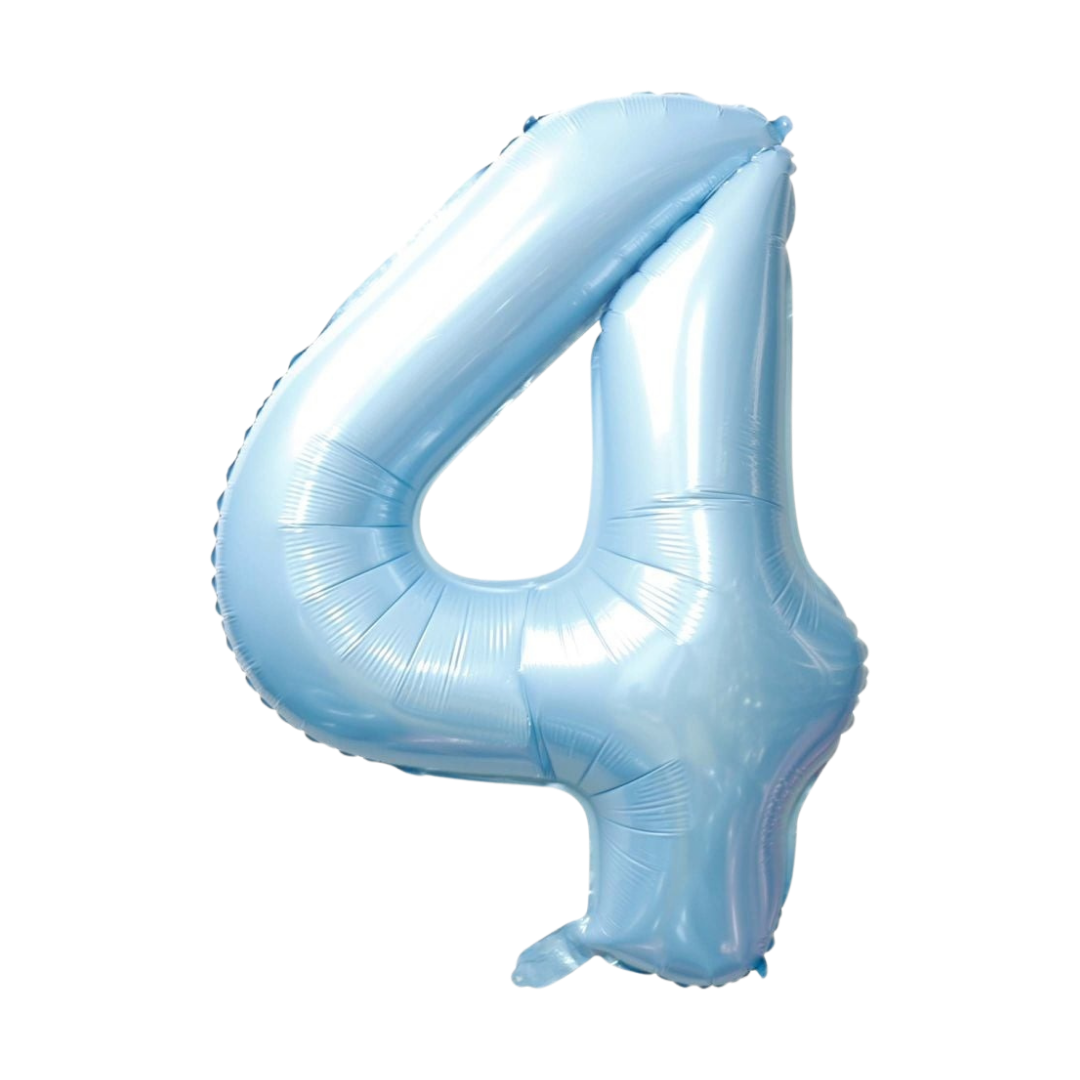 Light blue 34in number 4 foil balloon for birthday parties from Parte Haus party supply store in Bethesda, Maryland.