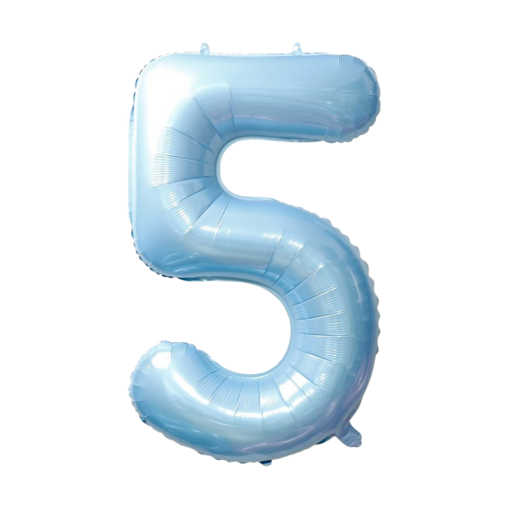 Light blue 34in number 5 foil balloon for birthday parties from Parte Haus party supply store in Bethesda, MD.
