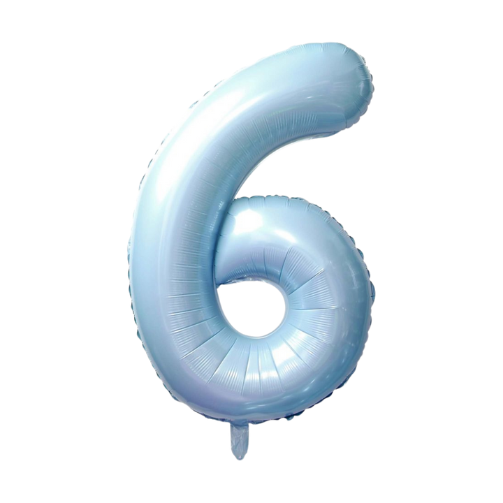 Light blue 34in number 6 foil balloon for birthday parties from Parte Haus party supply store in Bethesda, Maryland.