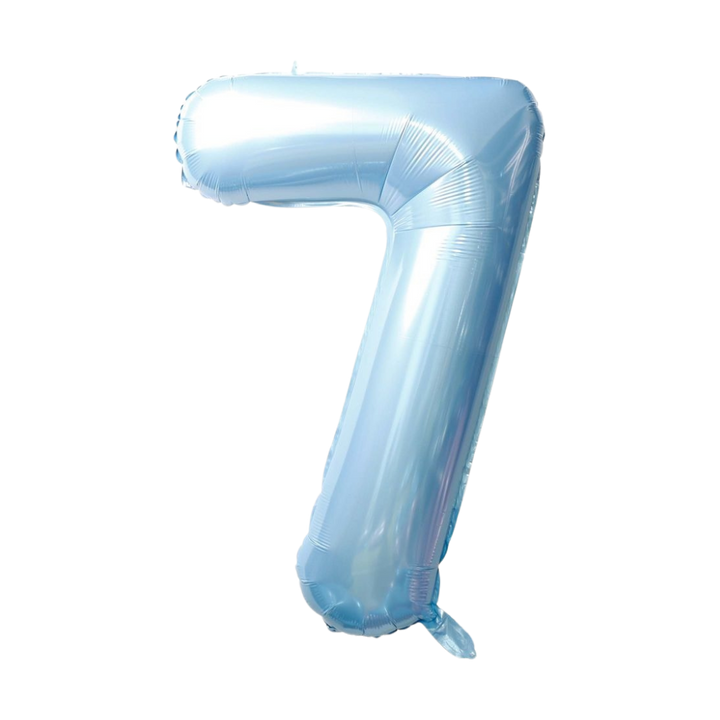 Light blue 34in number 7 foil balloon for birthday parties from Parte Haus party supply store in Bethesda, Maryland.