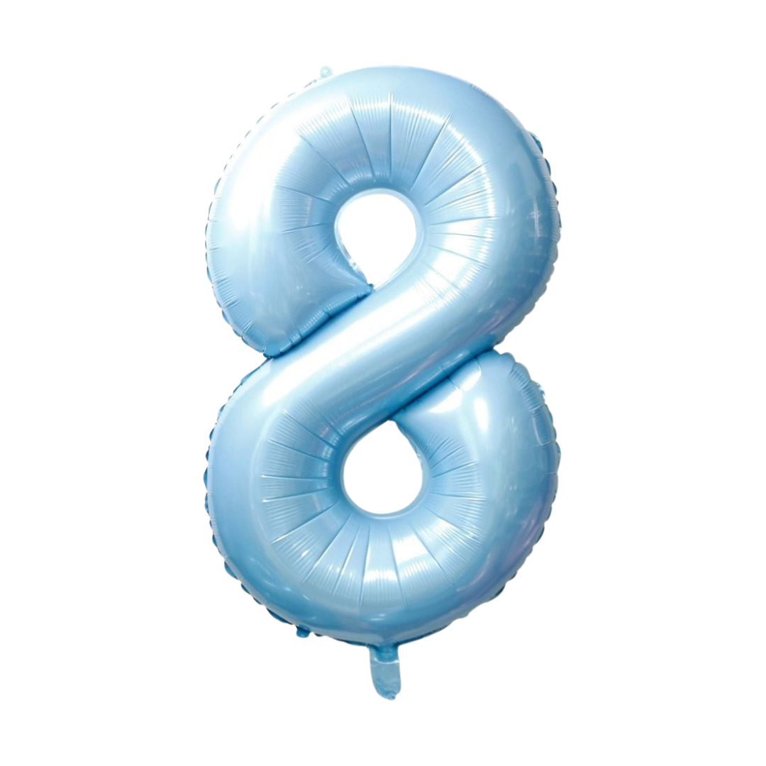 Light blue 34in number 8 foil balloon for birthday parties from Parte Haus party supply store in Bethesda, MD.