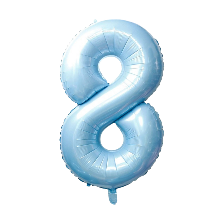 Light blue 34in number 8 foil balloon for birthday parties from Parte Haus party supply store in Bethesda, MD.