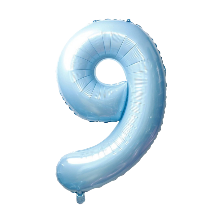 Light blue 34in number 9 foil balloon for birthday parties from Parte Haus party supply store in Bethesda, Maryland.