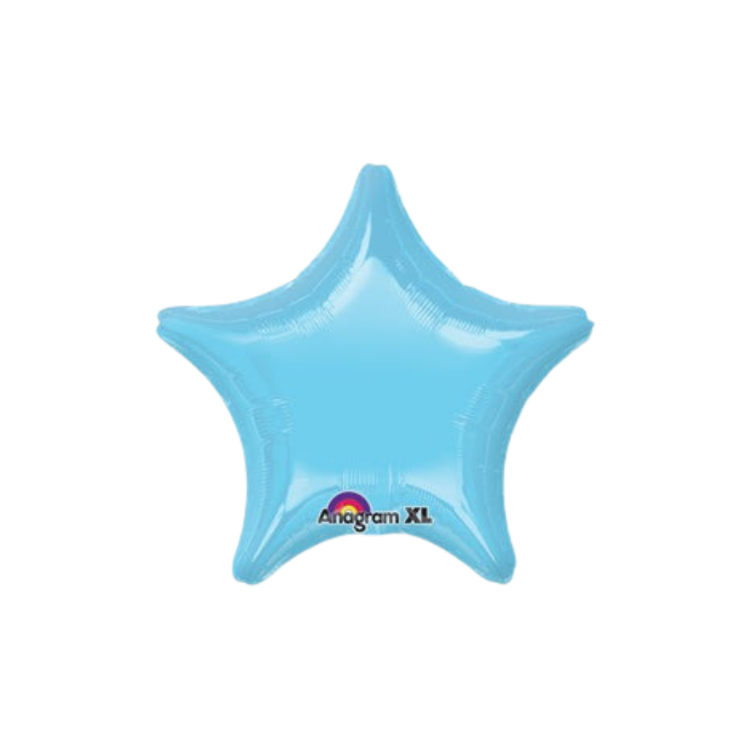 Light blue star foil balloon with glossy surface for birthday from Parte Haus party supply store in Bethesda Maryland