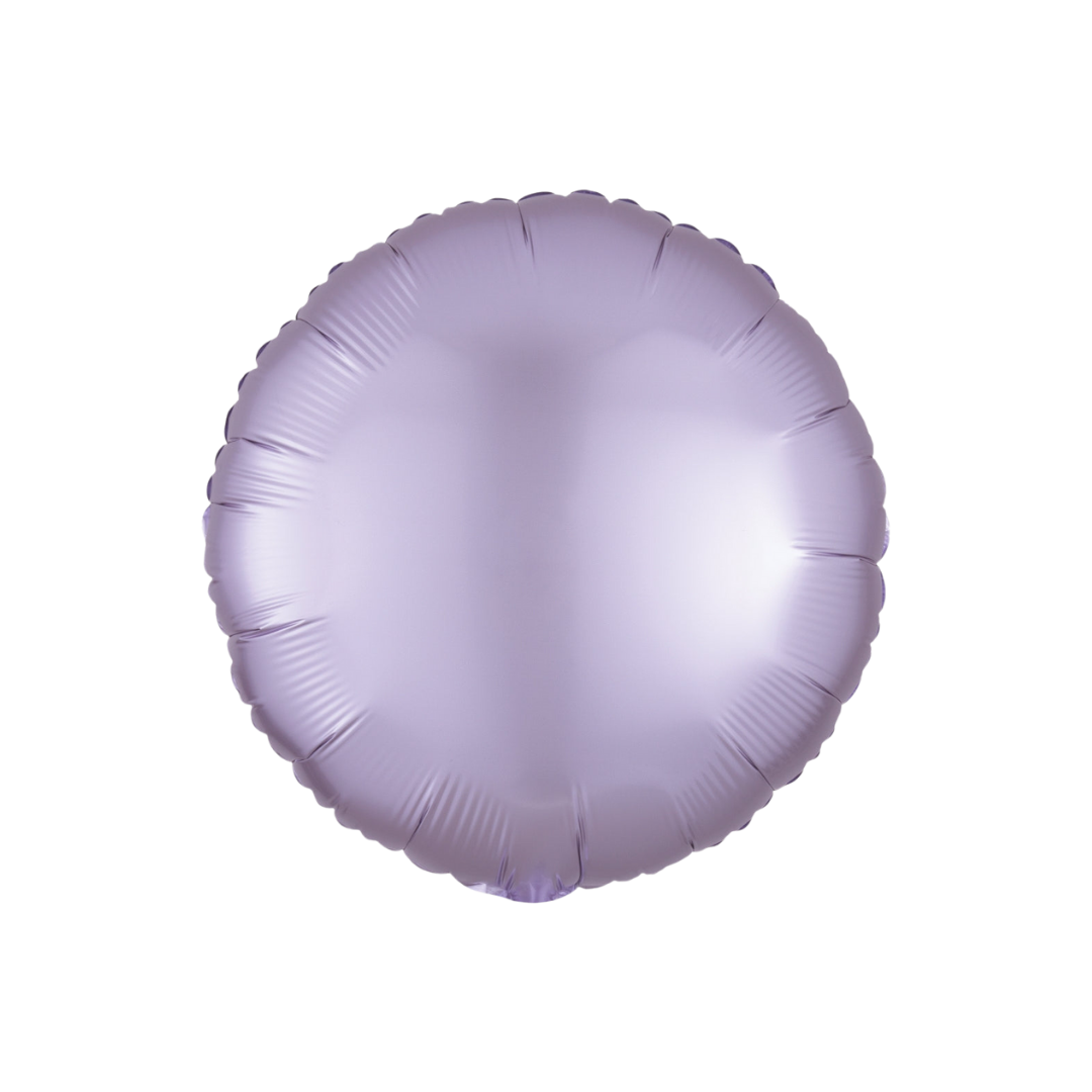 Lilac satin 18in foil balloon for birthday party décor – from Parte Haus party supply store in Bethesda, Maryland.