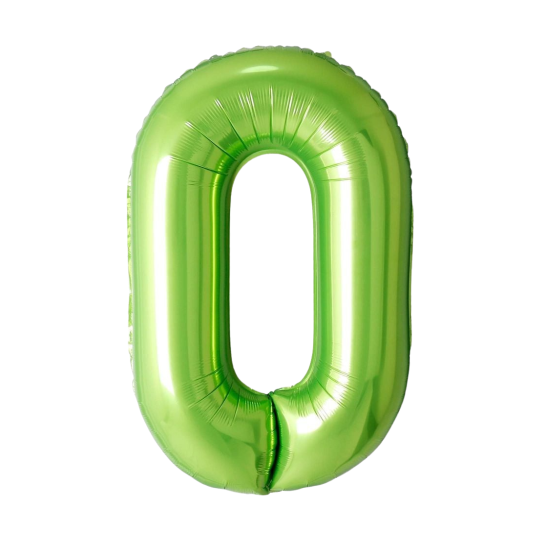 Lime green 34in number 0 foil balloon for birthday parties – from Parte Haus party supply store in Bethesda, Maryland.