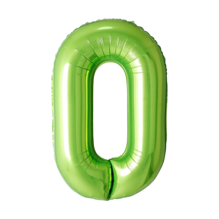 Lime green 34in number 0 foil balloon for birthday parties – from Parte Haus party supply store in Bethesda, Maryland.