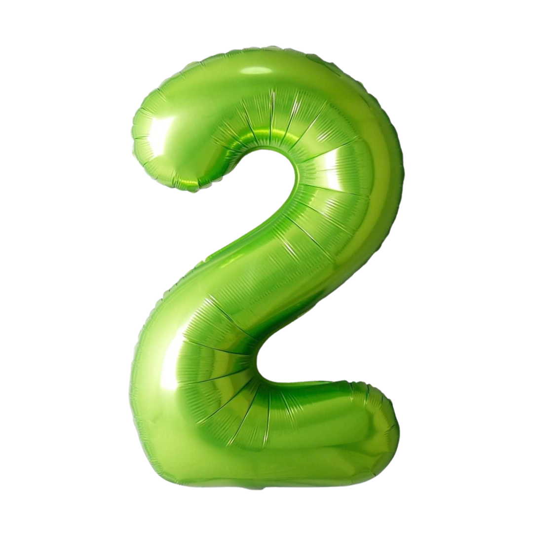 Lime green 34in number 2 foil balloon for birthday parties – from Parte Haus party supply store in Bethesda, Maryland.