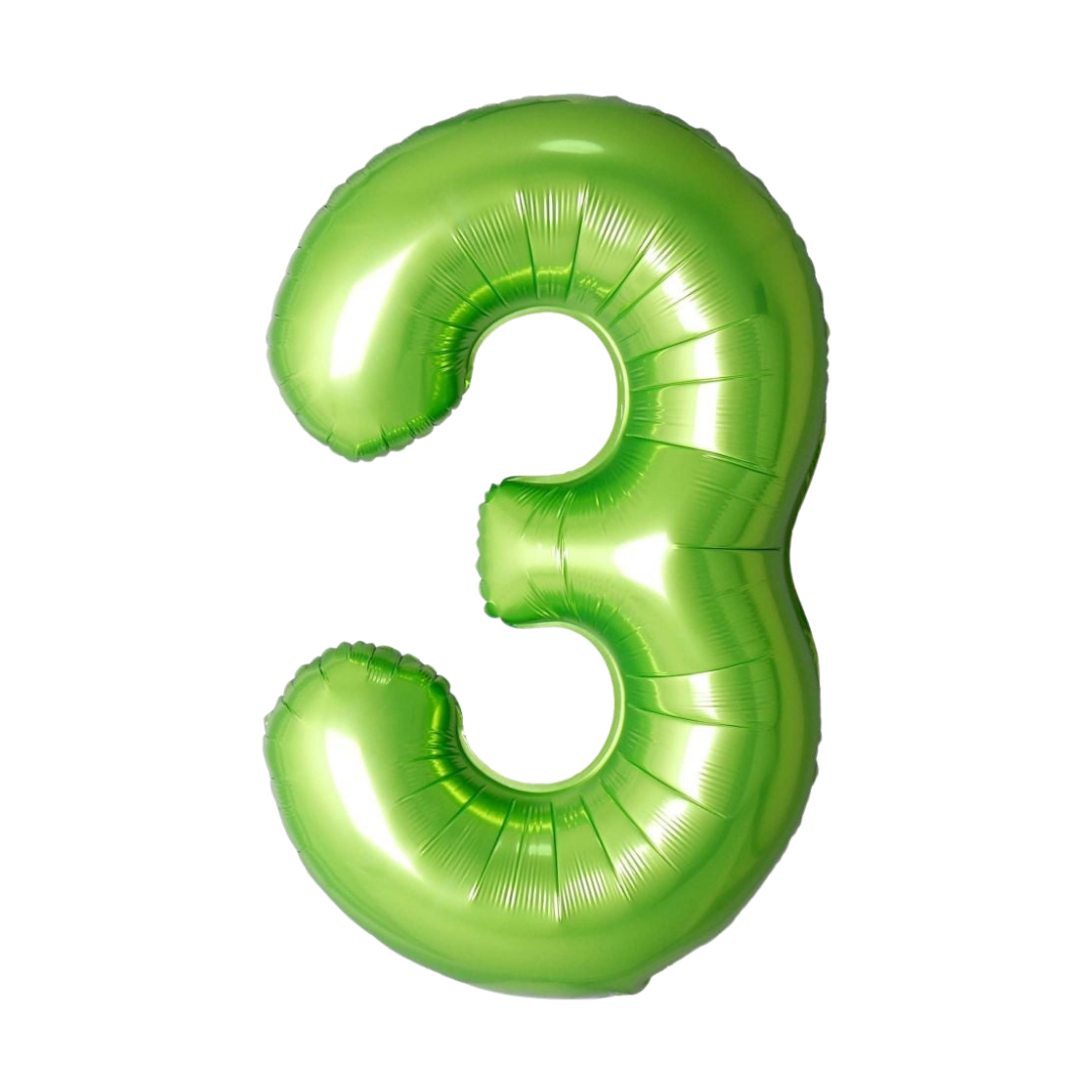 Lime green 34in number 3 foil balloon for birthday parties – from Parte Haus party supply store in Bethesda, MD.