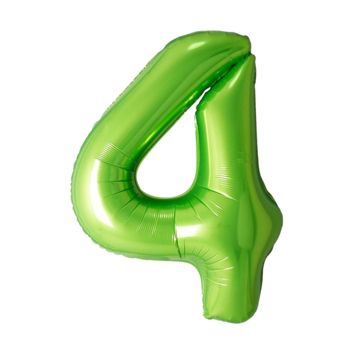 Lime green 34in number 4 foil balloon for birthday parties – from Parte Haus party supply store in Bethesda, Maryland.