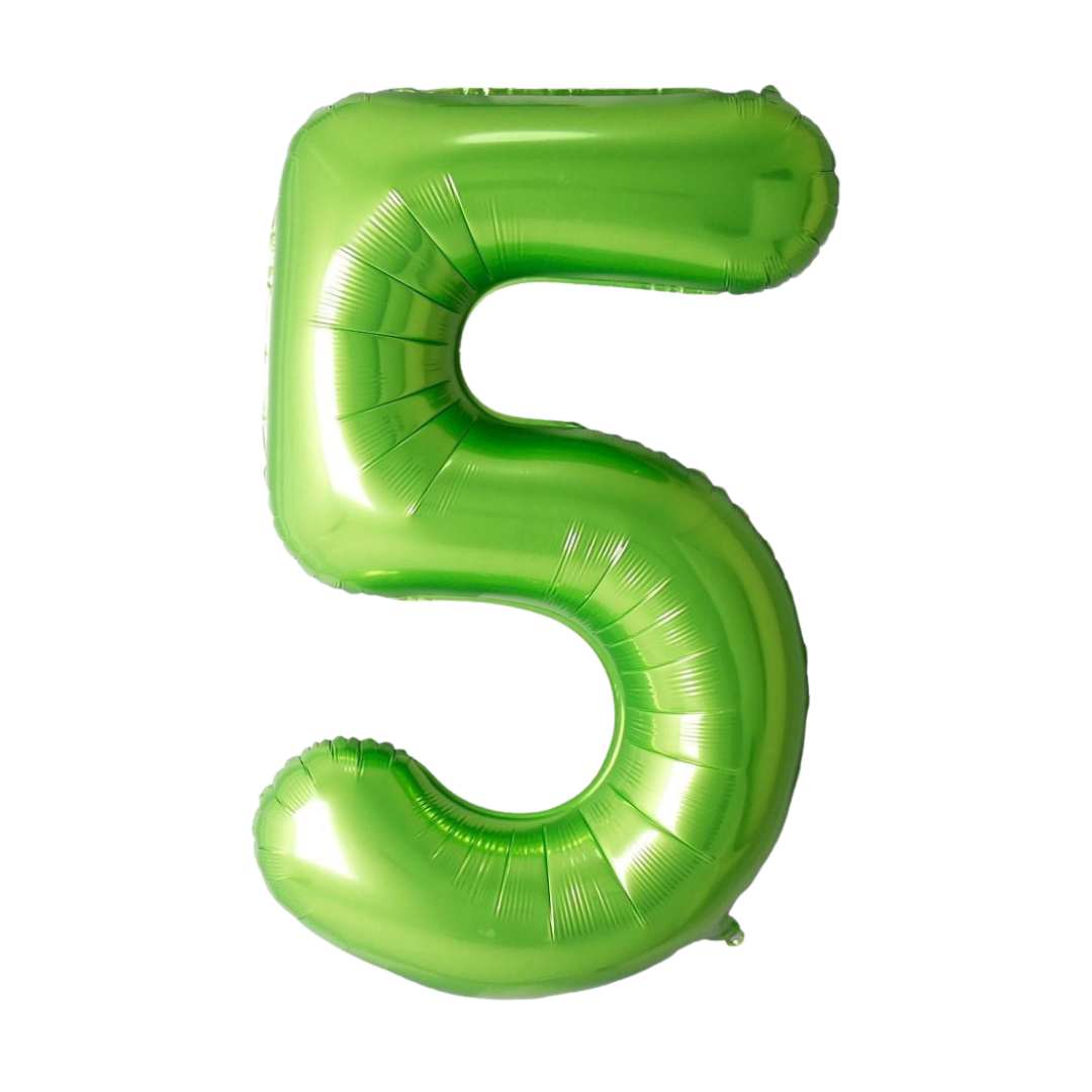 Lime green 34in number 5 foil balloon for birthday parties – from Parte Haus party supply store in Bethesda, MD.