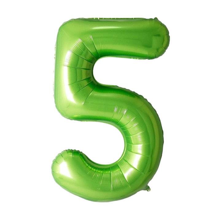 Lime green 34in number 5 foil balloon for birthday parties – from Parte Haus party supply store in Bethesda, MD.