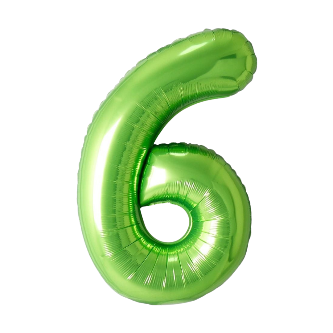 Lime green 34in number 6 foil balloon for birthday parties – from Parte Haus party supply store in Bethesda, MD.