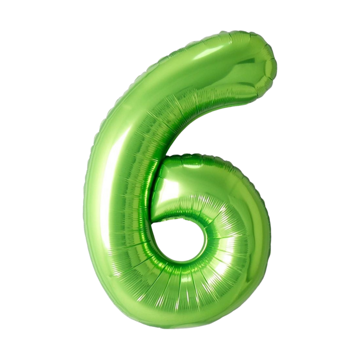 Lime green 34in number 6 foil balloon for birthday parties – from Parte Haus party supply store in Bethesda, MD.