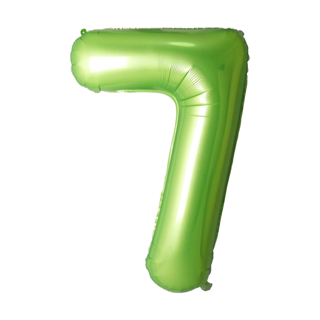 Lime green 34in number 7 foil balloon for birthday parties – from Parte Haus party supply store in Bethesda, Maryland.