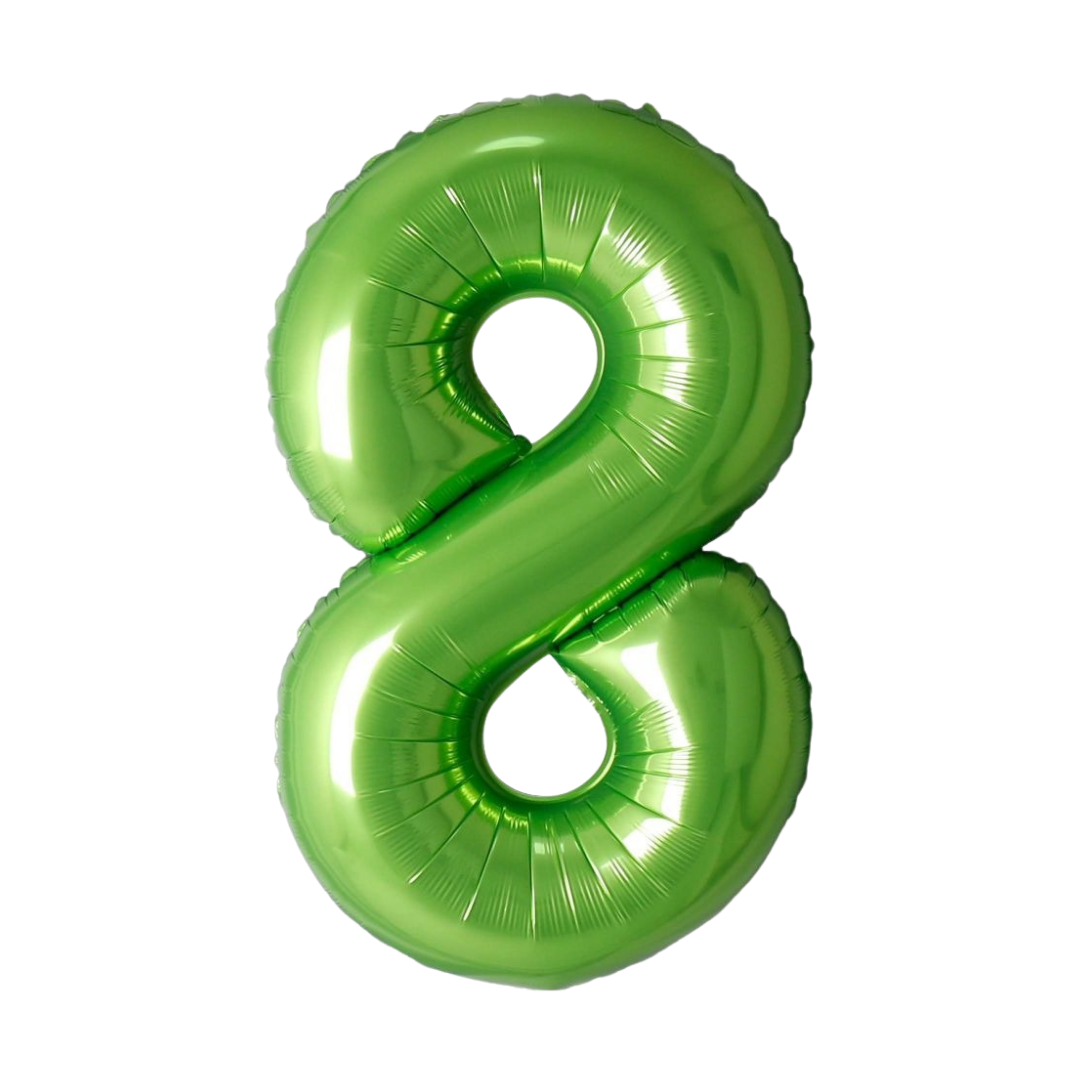 Lime green 34in number 8 foil balloon for birthday parties – from Parte Haus party supply store in Bethesda, Maryland.