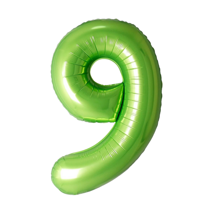 Lime green 34in number 9 foil balloon for birthday parties – from Parte Haus party supply store in Bethesda, Maryland.