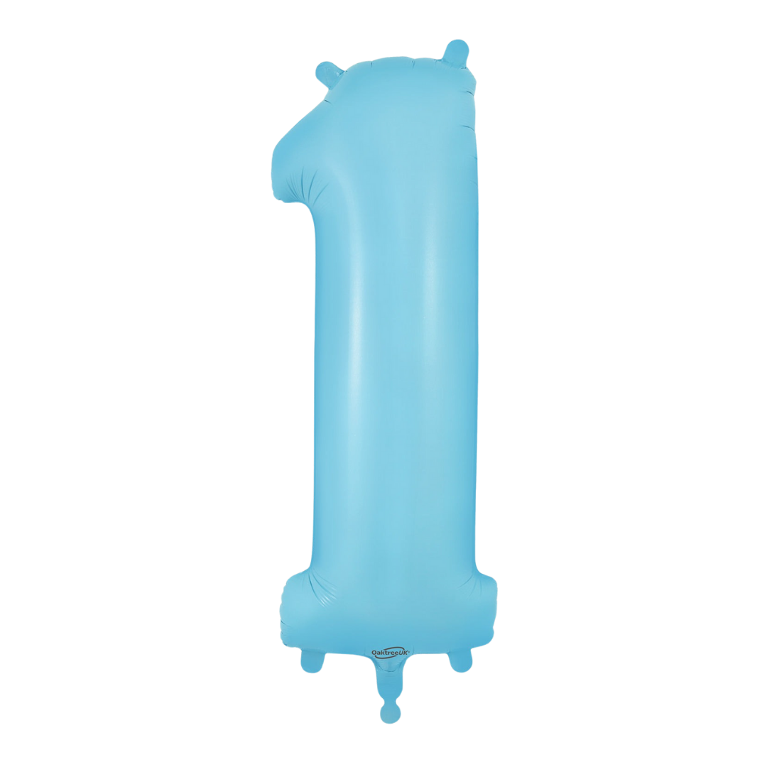 Matte light blue 34in number 1 foil balloon for birthday and milestone parties – from Parte Haus party supply store in Bethesda, Maryland.