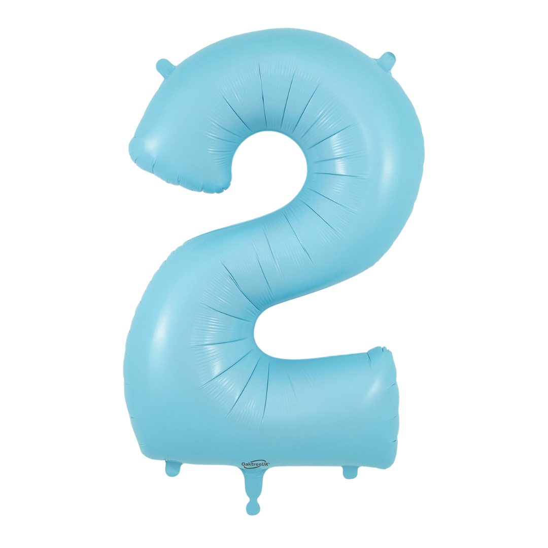 Matte light blue 34in number 2 foil balloon for birthday and milestone parties – from Parte Haus party supply store in Bethesda, MD.
