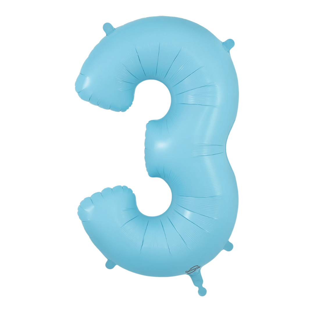 Matte light blue 34in number 3 foil balloon for birthday and milestone parties – from Parte Haus party supply store in Bethesda, Maryland.