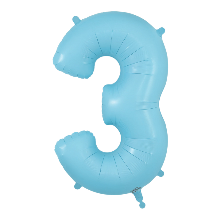 Matte light blue 34in number 3 foil balloon for birthday and milestone parties – from Parte Haus party supply store in Bethesda, Maryland.
