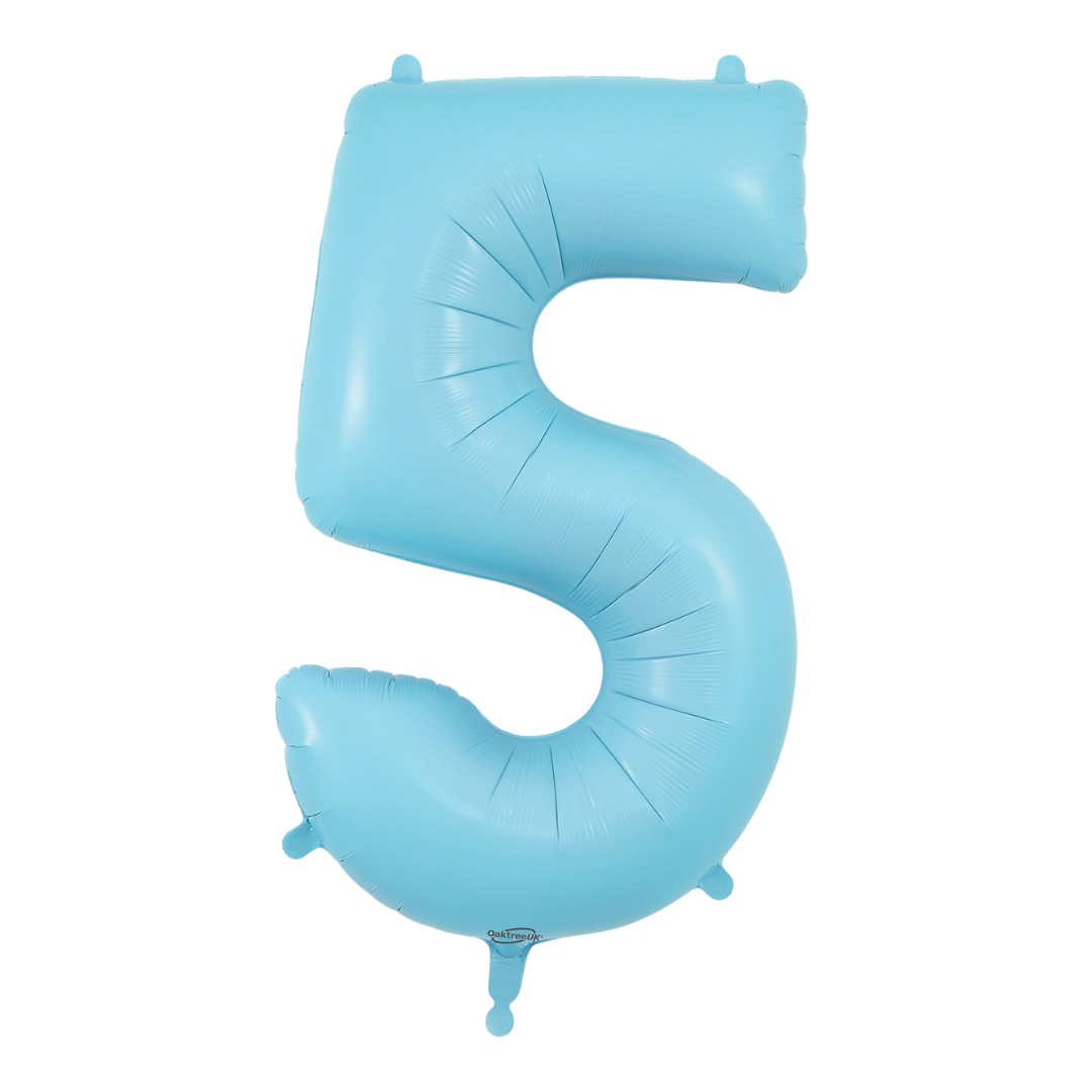 Matte light blue 34in number 5 foil balloon for birthday and milestone parties – from Parte Haus party supply store in Bethesda, Maryland.