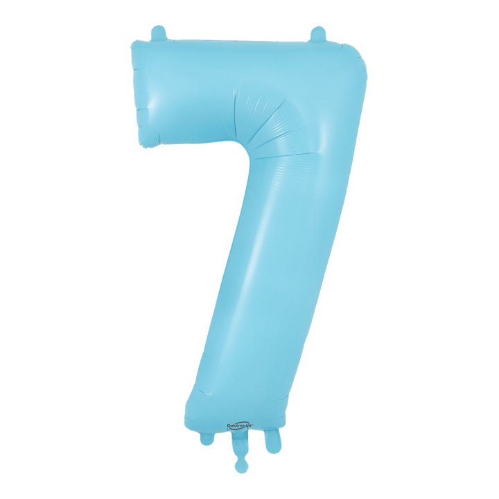 Matte light blue 34in number 7 foil balloon for birthday and milestone parties – from Parte Haus party supply store in Bethesda, MD.