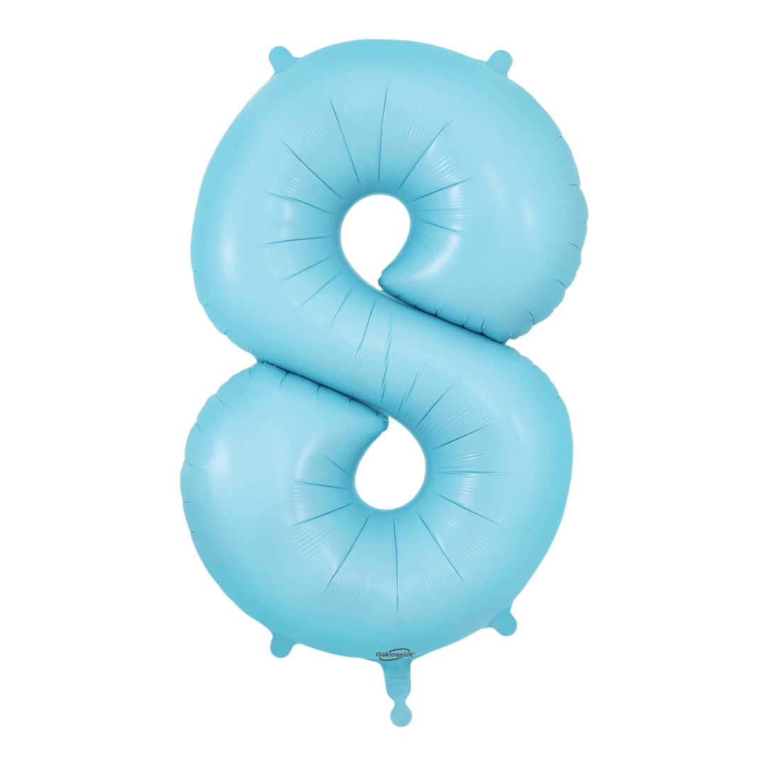 Matte light blue 34in number 8 foil balloon for birthday and milestone parties – from Parte Haus party supply store in Bethesda, Maryland.