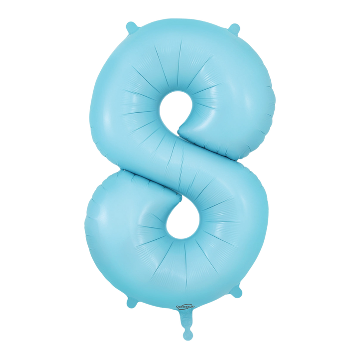 Matte light blue 34in number 8 foil balloon for birthday and milestone parties – from Parte Haus party supply store in Bethesda, Maryland.
