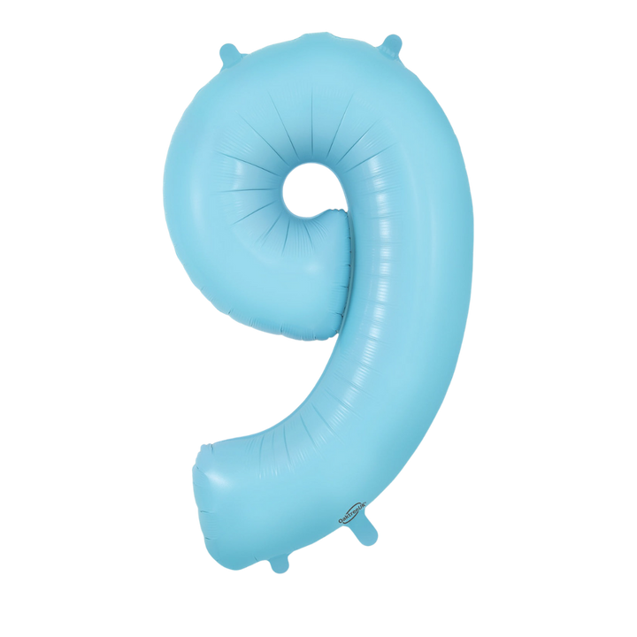Matte light blue 34in number 9 foil balloon for birthday and milestone parties – from Parte Haus party supply store in Bethesda, MD.