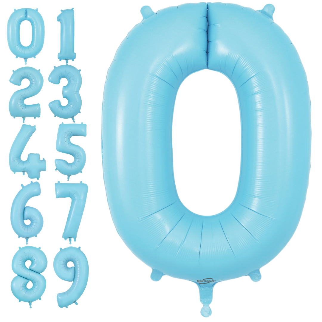 Matte light blue 34in number foil balloon for birthday and milestone parties – from Parte Haus party supply store in Bethesda, MD.