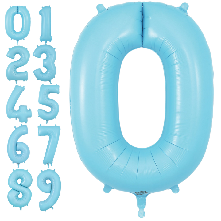 Matte light blue 34in number foil balloon for birthday and milestone parties – from Parte Haus party supply store in Bethesda, MD.