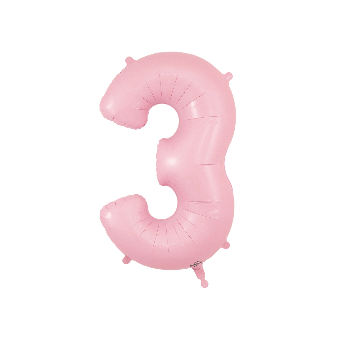 Matte pink 34in number 3 foil balloon for birthday and milestone parties – from Parte Haus party supply store in Bethesda, Maryland.
