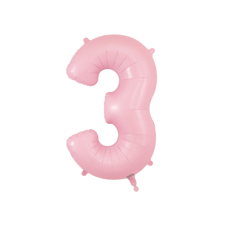 Matte pink 34in number 3 foil balloon for birthday and milestone parties – from Parte Haus party supply store in Bethesda, Maryland.