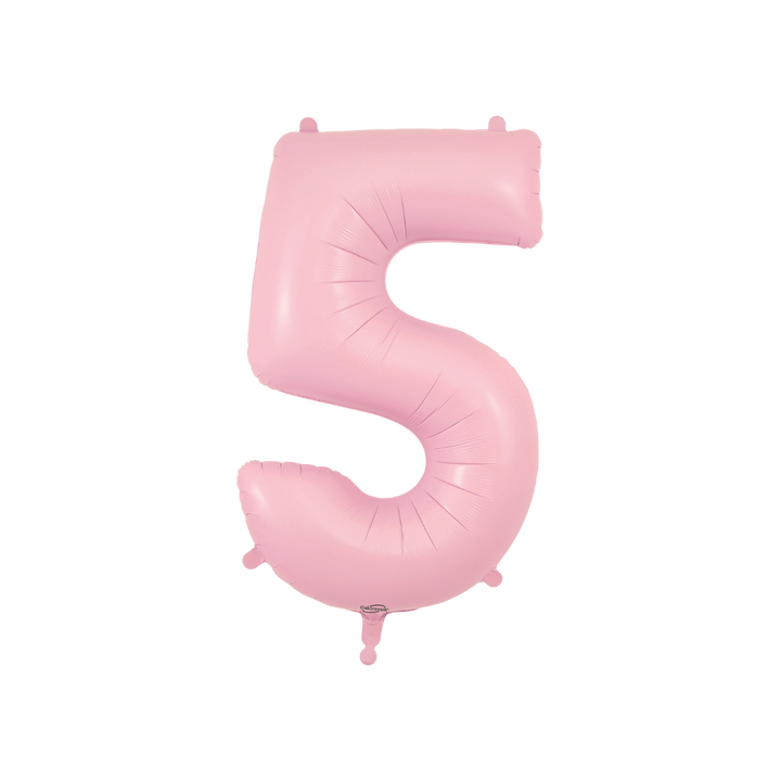 Matte pink 34in number 5 foil balloon for birthday and milestone parties – from Parte Haus party supply store in Bethesda, Maryland.