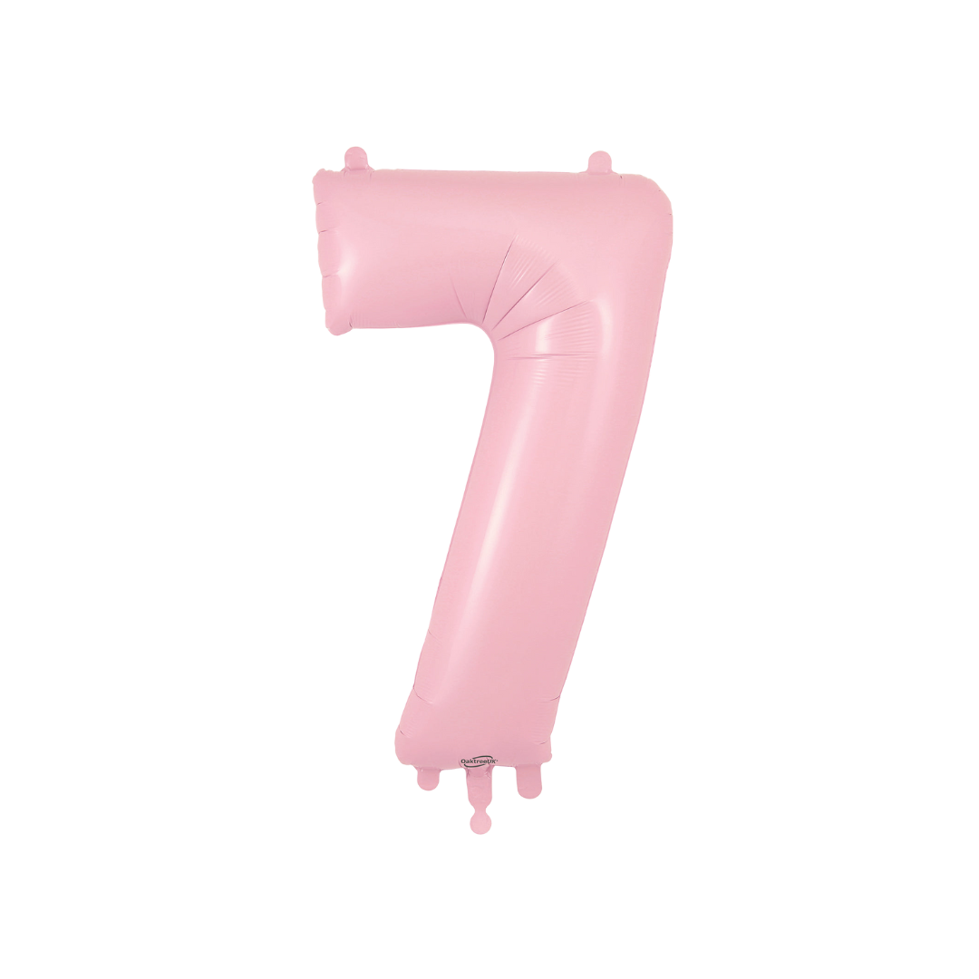 Matte pink number 7 foil balloon for birthday milestone from Parte Haus party supply store in Bethesda MD