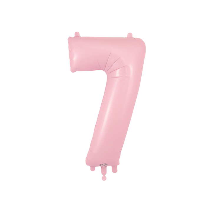 Matte pink 34in number 7 foil balloon for birthday and milestone parties – from Parte Haus party supply store in Bethesda, Maryland.