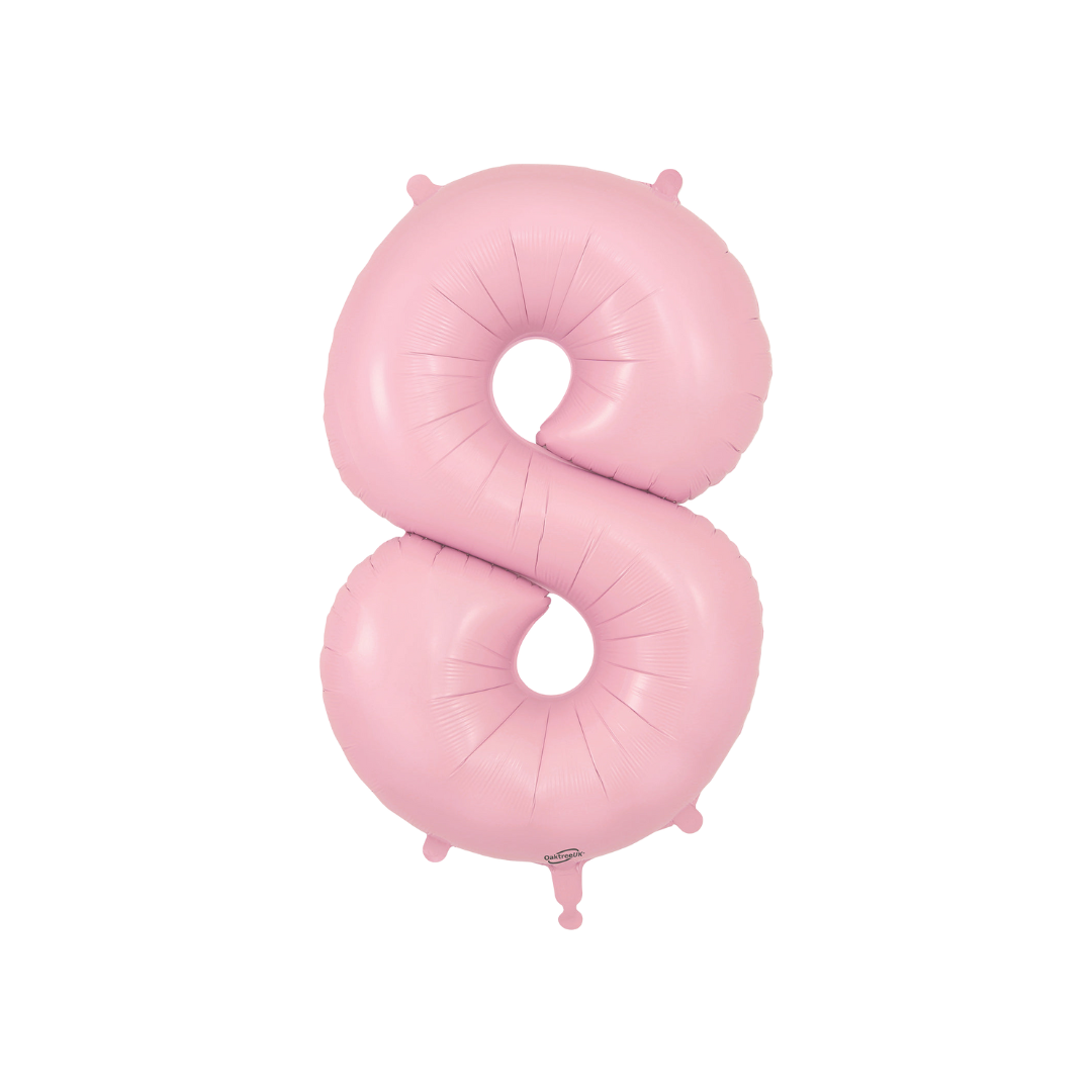Matte pink number 8 foil balloon for birthday milestone from Parte Haus party supply store in Bethesda MD