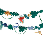 Multicolor dinosaur garland with green leaves for kids dinosaur birthday from Parte Haus party supply store in Bethesda, Maryland