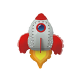 Metallic gray and red rocket foil balloon with flame space birthday theme from Parte Haus party supply store in Bethesda MD